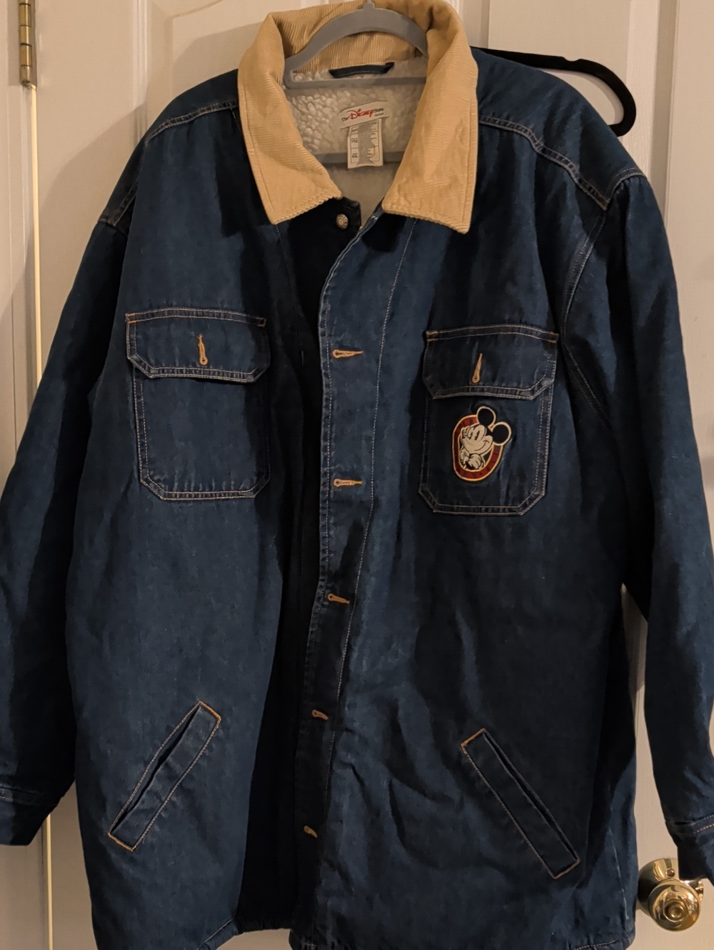 Disney Men's Blue Denim Jacket with Tan Corduroy Collar